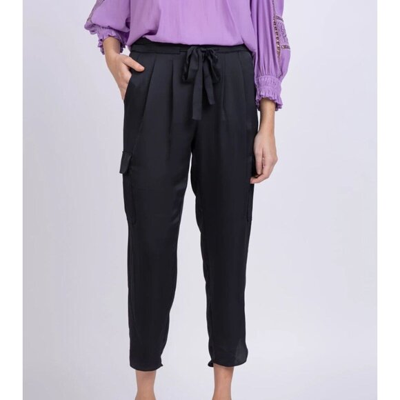 RAMY BROOKS Women Allyn Pants Satin Paperbag Elastic Tie Waist Sz M Black 3-50 - Picture 1 of 12